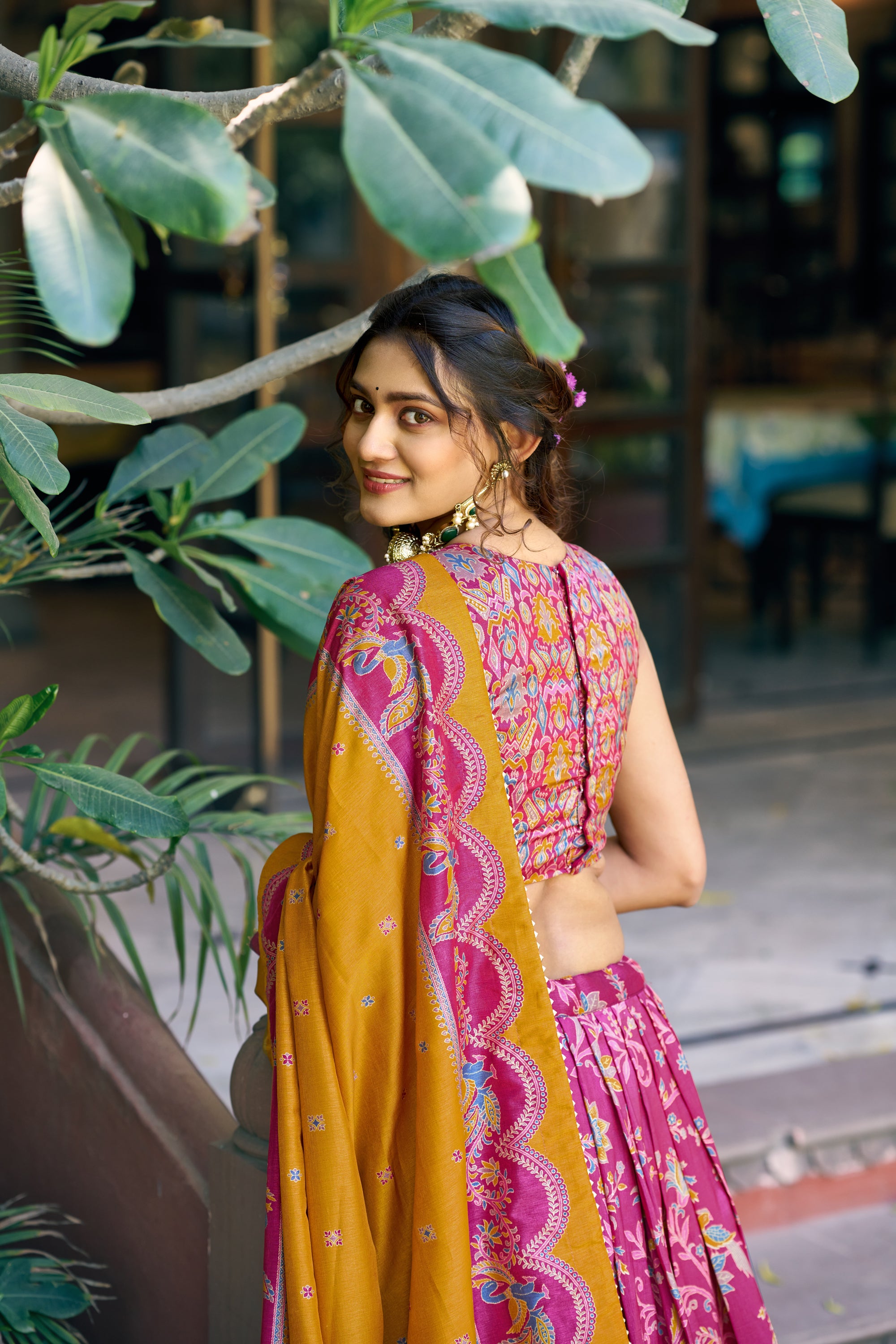 Lorenvalley Fashion Pink Tasar Silk Gilded Motif Foil Printed Lehenga Choli with Dupatta - Dista