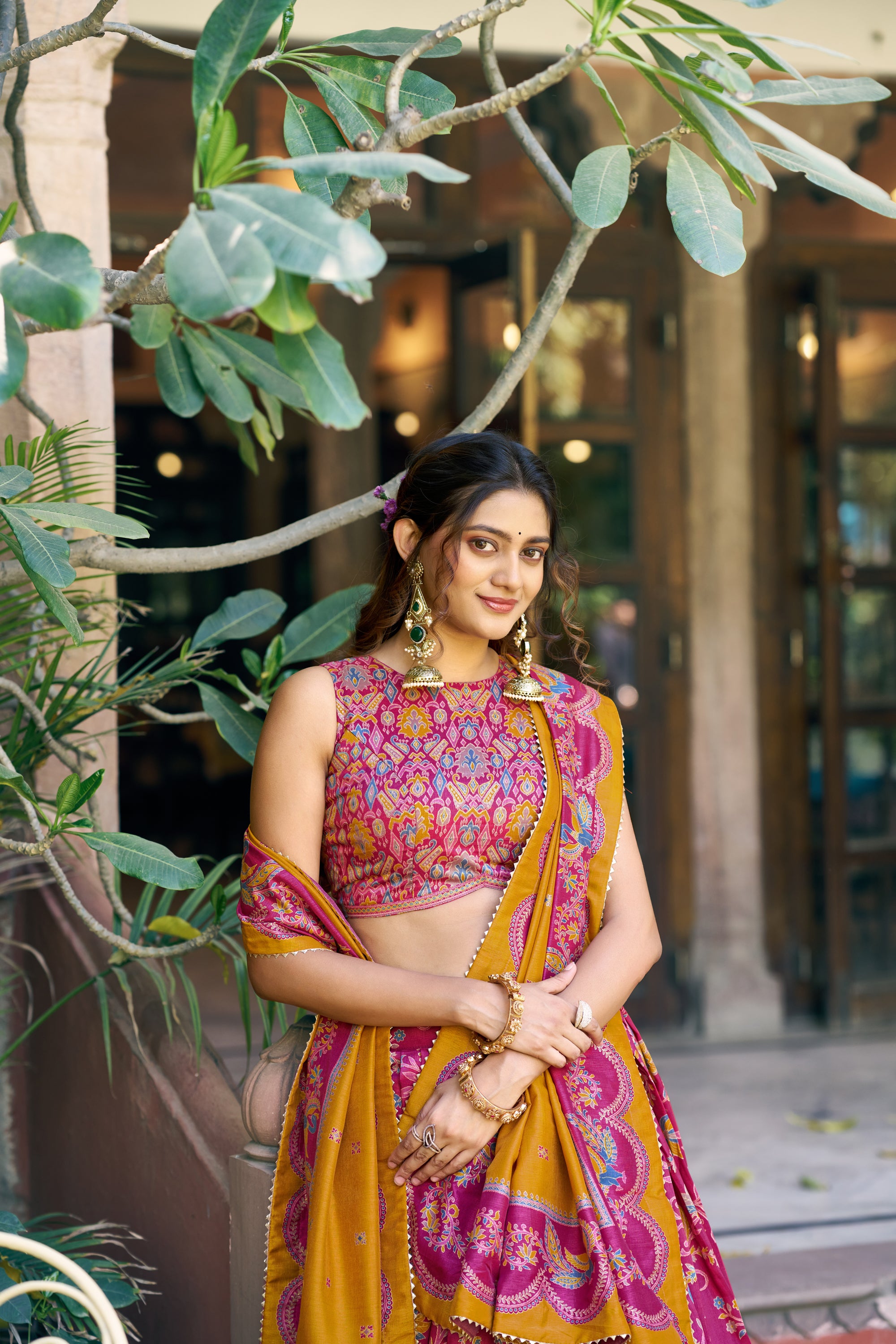 Lorenvalley Fashion Pink Tasar Silk Gilded Motif Foil Printed Lehenga Choli with Dupatta - Dista