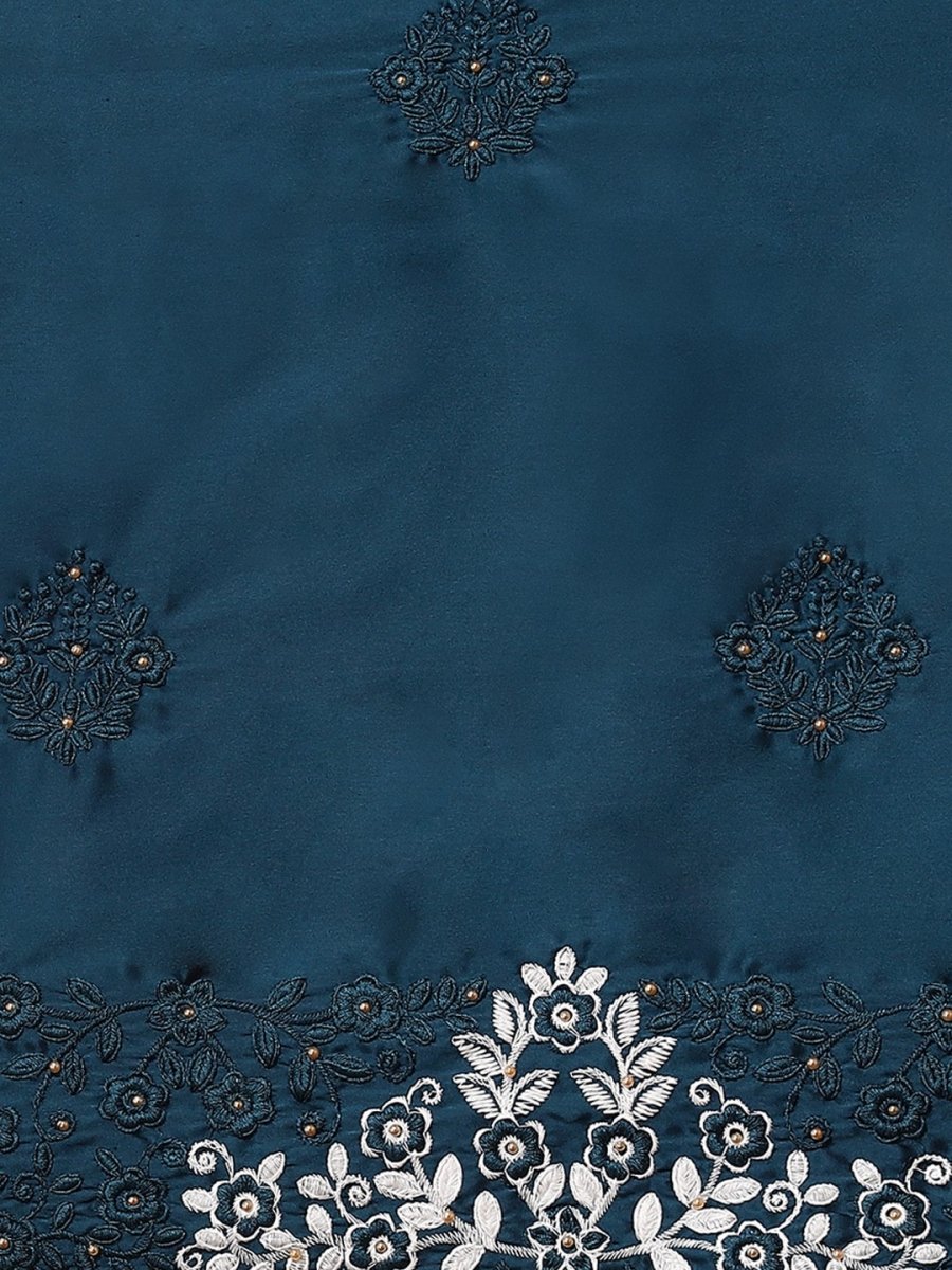 Anouk Blue Floral Embroidered Satin Saree - Distacart