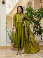 Thumbnail for Vedant Vastram Roman Silk Hand Work & Embroidery Work Stitched Kurta Pant Dupatta Set-Mahendi - Distacart