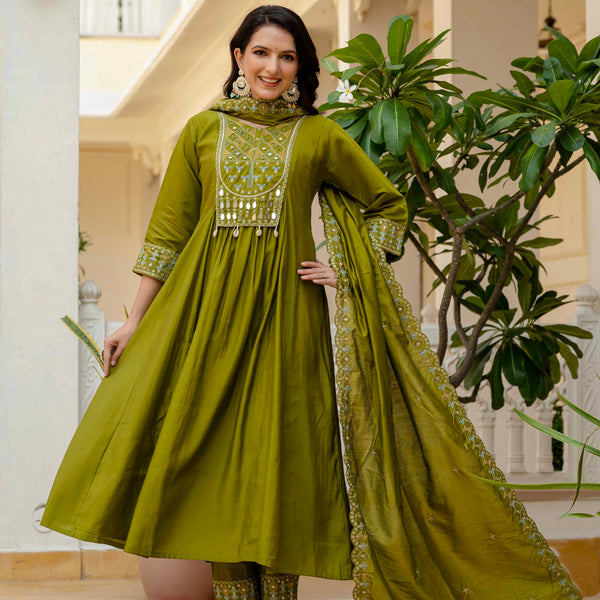 Vedant Vastram Roman Silk Hand Work & Embroidery Work Stitched Kurta Pant Dupatta Set-Mahendi - Distacart