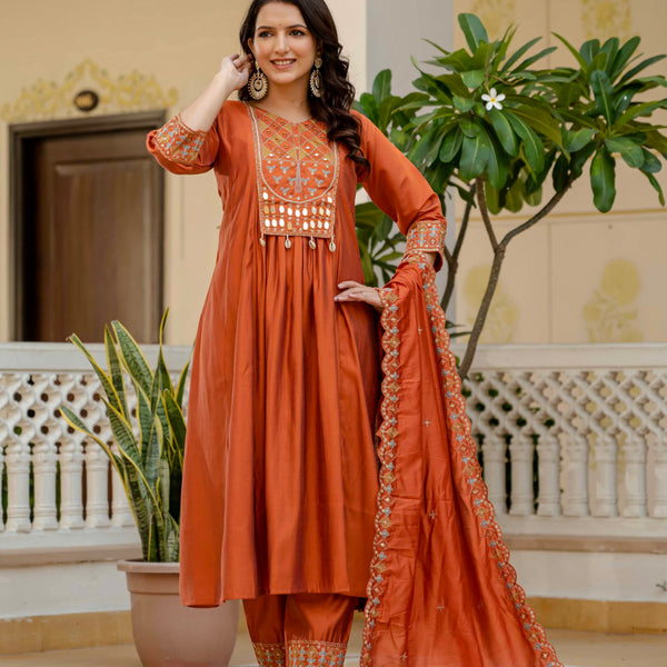 Vedant Vastram Roman Silk Hand Work & Embroidery Work Stitched Kurta Pant Dupatta Set-Orange - Distacart