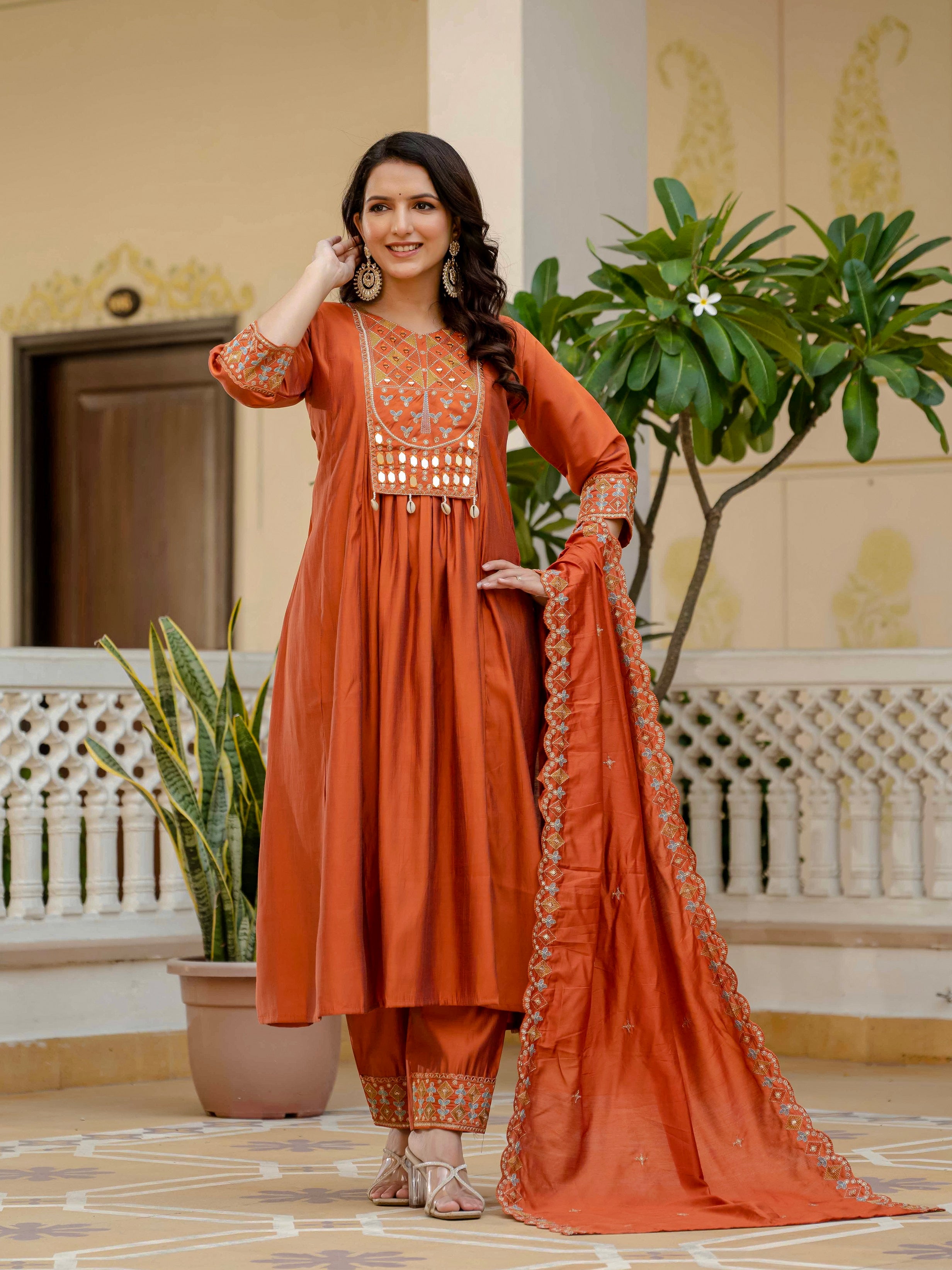 Vedant Vastram Roman Silk Hand Work & Embroidery Work Stitched Kurta Pant Dupatta Set-Orange