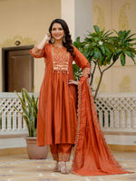 Thumbnail for Vedant Vastram Roman Silk Hand Work & Embroidery Work Stitched Kurta Pant Dupatta Set-Orange - Distacart