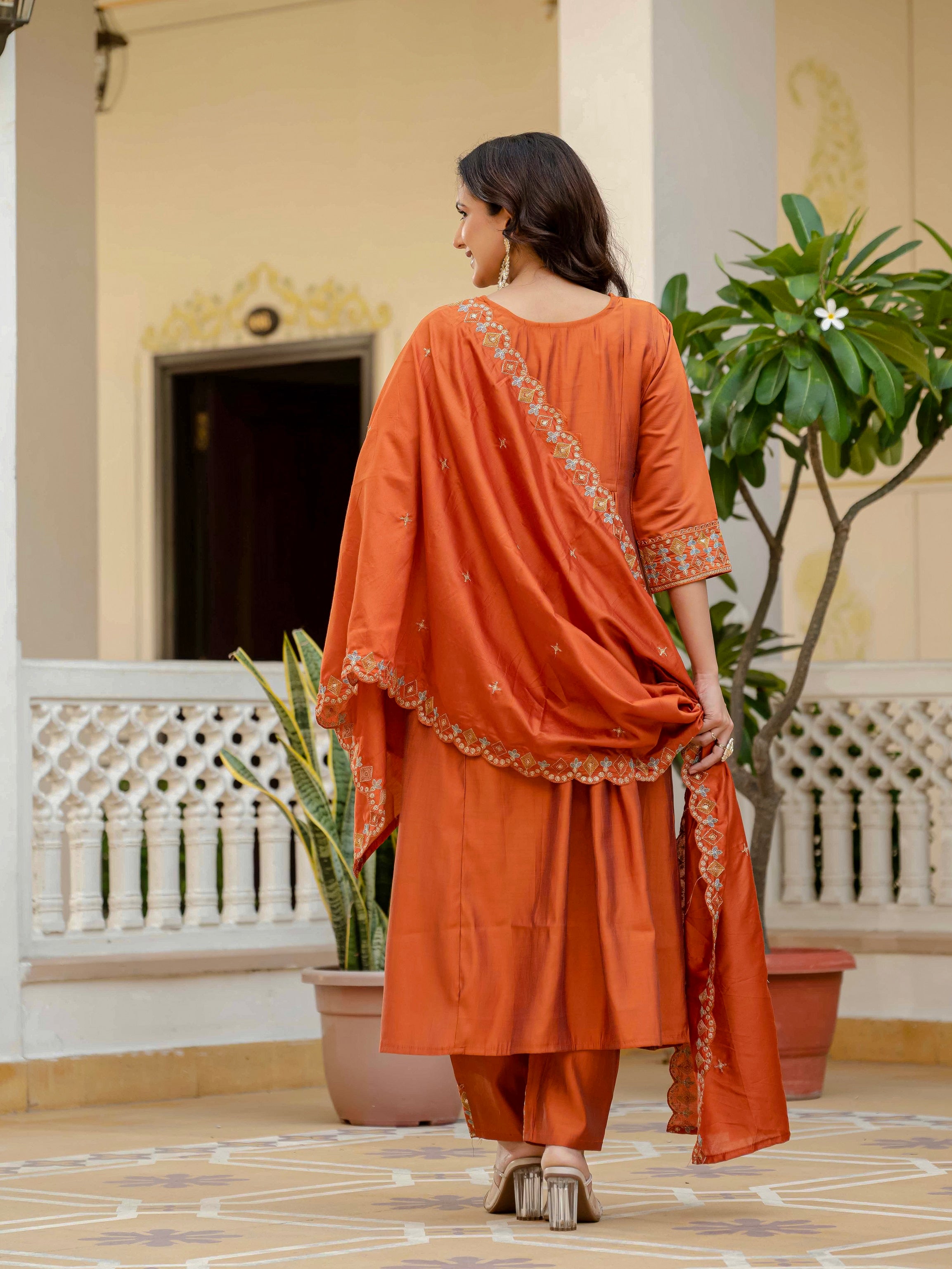 Vedant Vastram Roman Silk Hand Work & Embroidery Work Stitched Kurta Pant Dupatta Set-Orange - Distacart