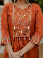 Thumbnail for Vedant Vastram Roman Silk Hand Work & Embroidery Work Stitched Kurta Pant Dupatta Set-Orange - Distacart