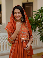 Thumbnail for Vedant Vastram Roman Silk Hand Work & Embroidery Work Stitched Kurta Pant Dupatta Set-Orange - Distacart
