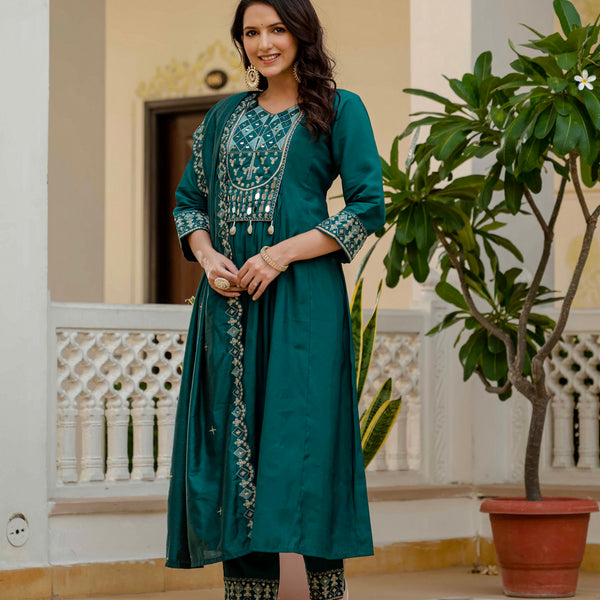 Vedant Vastram Roman Silk Hand Work & Embroidery Work Stitched Kurta Pant Dupatta Set-Rama - Distacart