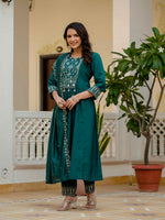 Thumbnail for Vedant Vastram Roman Silk Hand Work & Embroidery Work Stitched Kurta Pant Dupatta Set-Rama - Distacart