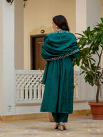 Thumbnail for Vedant Vastram Roman Silk Hand Work & Embroidery Work Stitched Kurta Pant Dupatta Set-Rama - Distacart