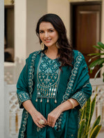 Thumbnail for Vedant Vastram Roman Silk Hand Work & Embroidery Work Stitched Kurta Pant Dupatta Set-Rama - Distacart