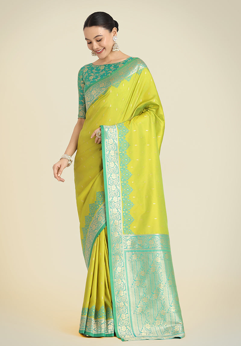 Monjolika Fashion Banarasi Silk Parrot Green Color Weaving Designer Saree - Distacart