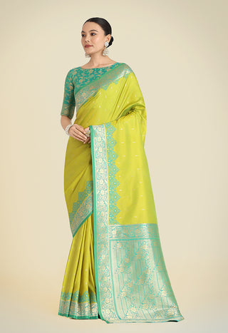 Monjolika Fashion Banarasi Silk Parrot Green Color Weaving Designer Saree - Distacart