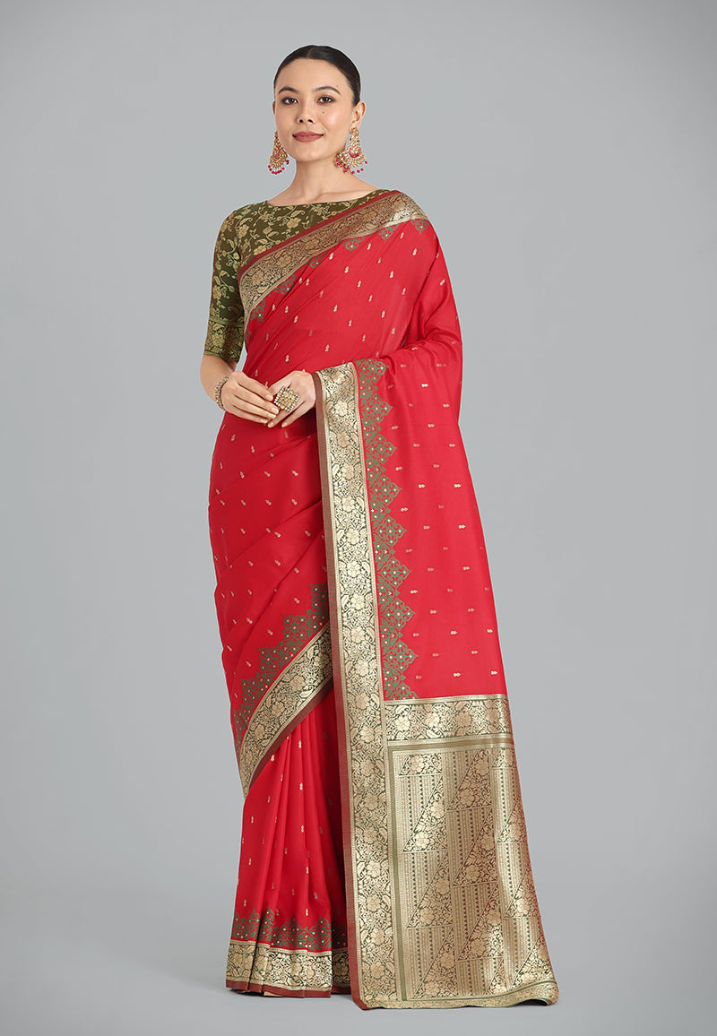 Monjolika Fashion Banarasi Silk Red Color Weaving Designer Saree - Distacart