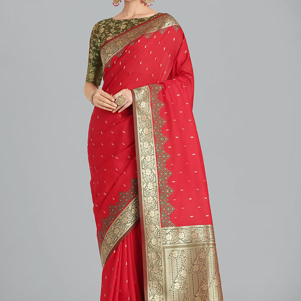 Monjolika Fashion Banarasi Silk Red Color Weaving Designer Saree - Distacart