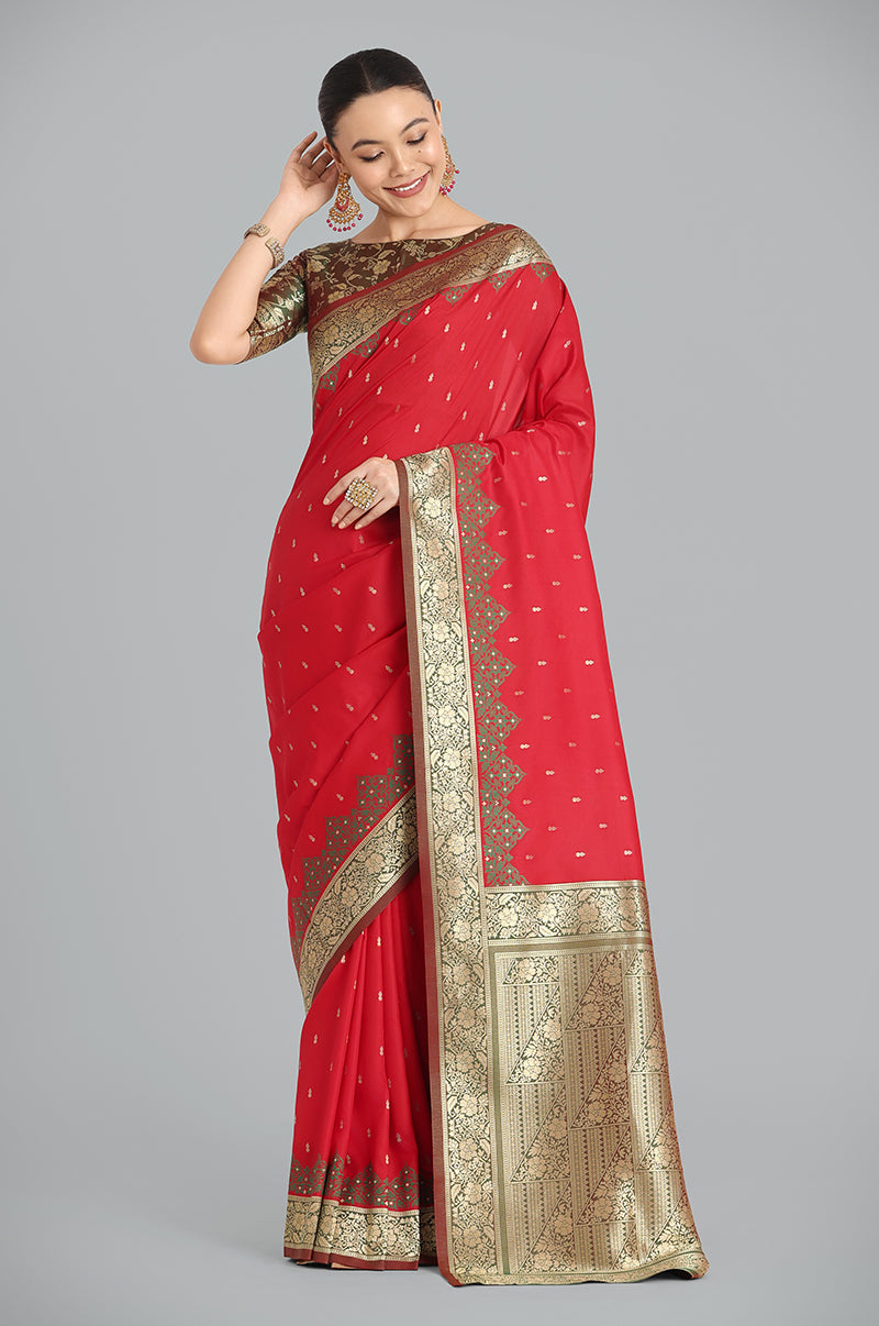 Monjolika Fashion Banarasi Silk Red Color Weaving Designer Saree - Distacart