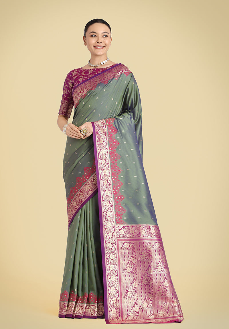 Monjolika Fashion Banarasi Silk Olive Green Color Weaving Designer Saree - Distacart