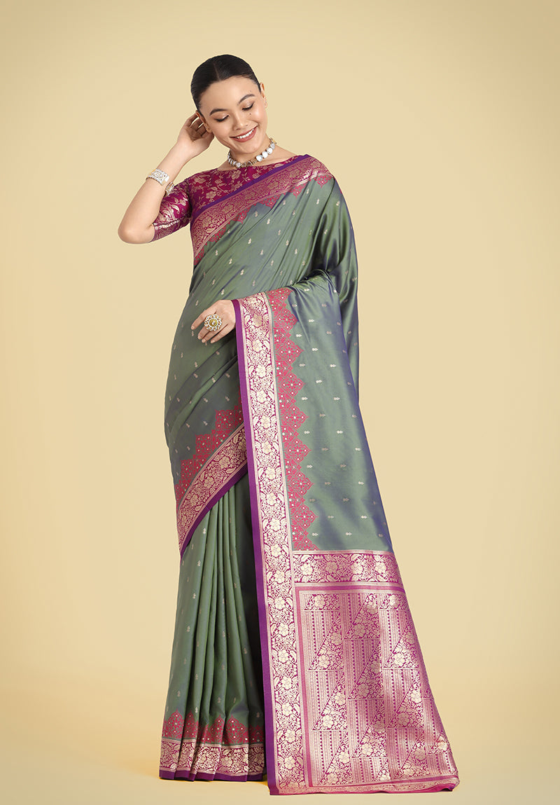 Monjolika Fashion Banarasi Silk Olive Green Color Weaving Designer Saree - Distacart