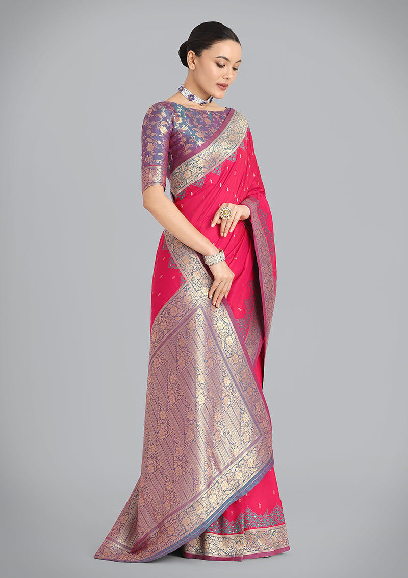 Monjolika Fashion Banarasi Silk Pink Color Weaving Designer Saree - Distacart