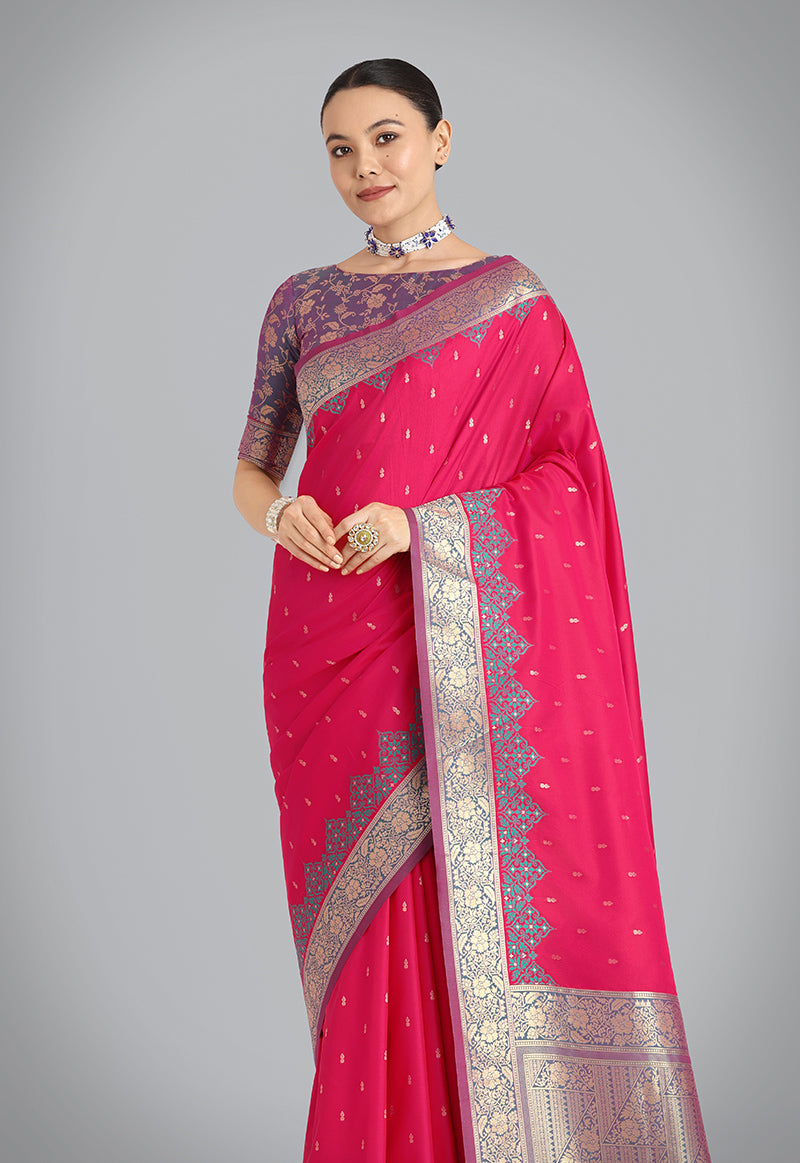 Monjolika Fashion Banarasi Silk Pink Color Weaving Designer Saree - Distacart