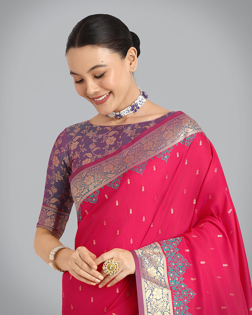 Monjolika Fashion Banarasi Silk Pink Color Weaving Designer Saree - Distacart