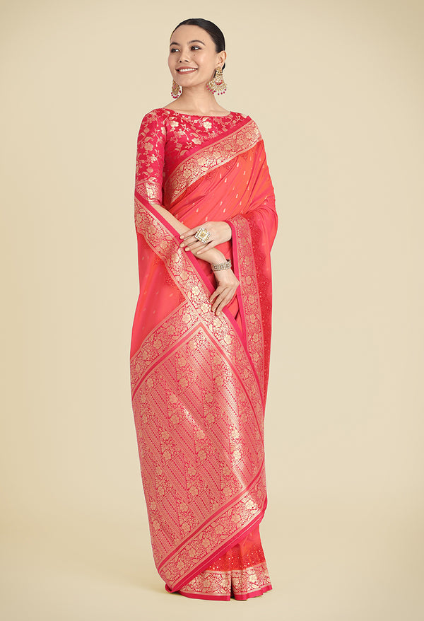 Monjolika Fashion Banarasi Silk Coral Pink Color Weaving Designer Saree
