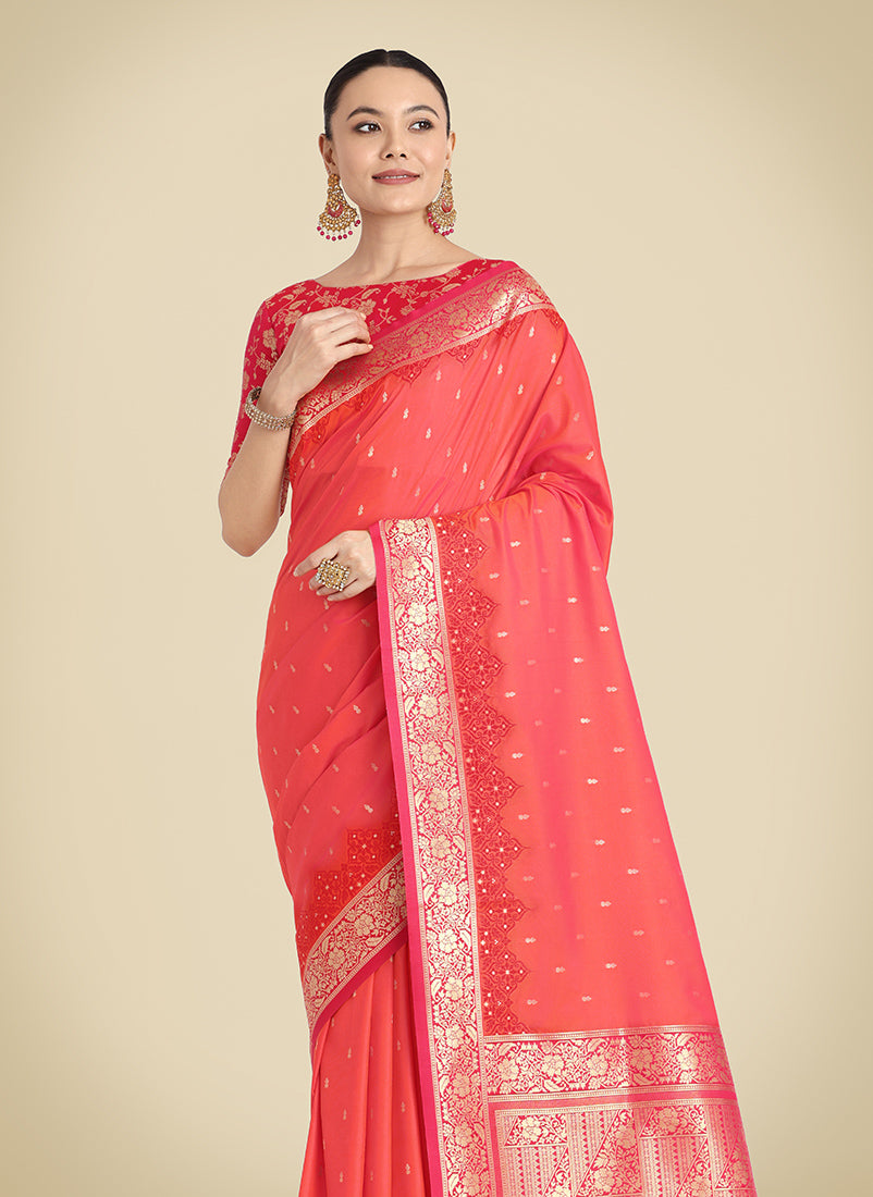 Monjolika Fashion Banarasi Silk Coral Pink Color Weaving Designer Saree