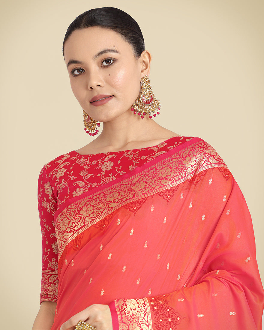 Monjolika Fashion Banarasi Silk Coral Pink Color Weaving Designer Saree
