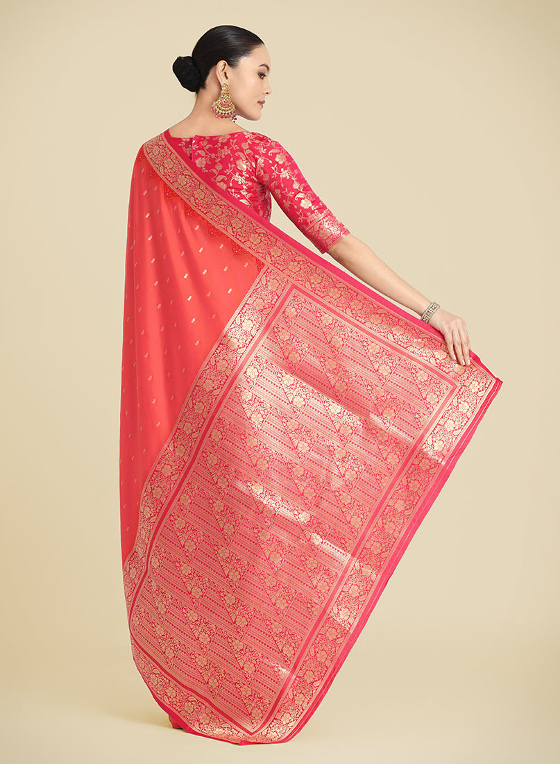 Monjolika Fashion Banarasi Silk Coral Pink Color Weaving Designer Saree