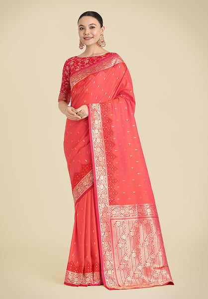 Monjolika Fashion Banarasi Silk Coral Pink Color Weaving Designer Saree