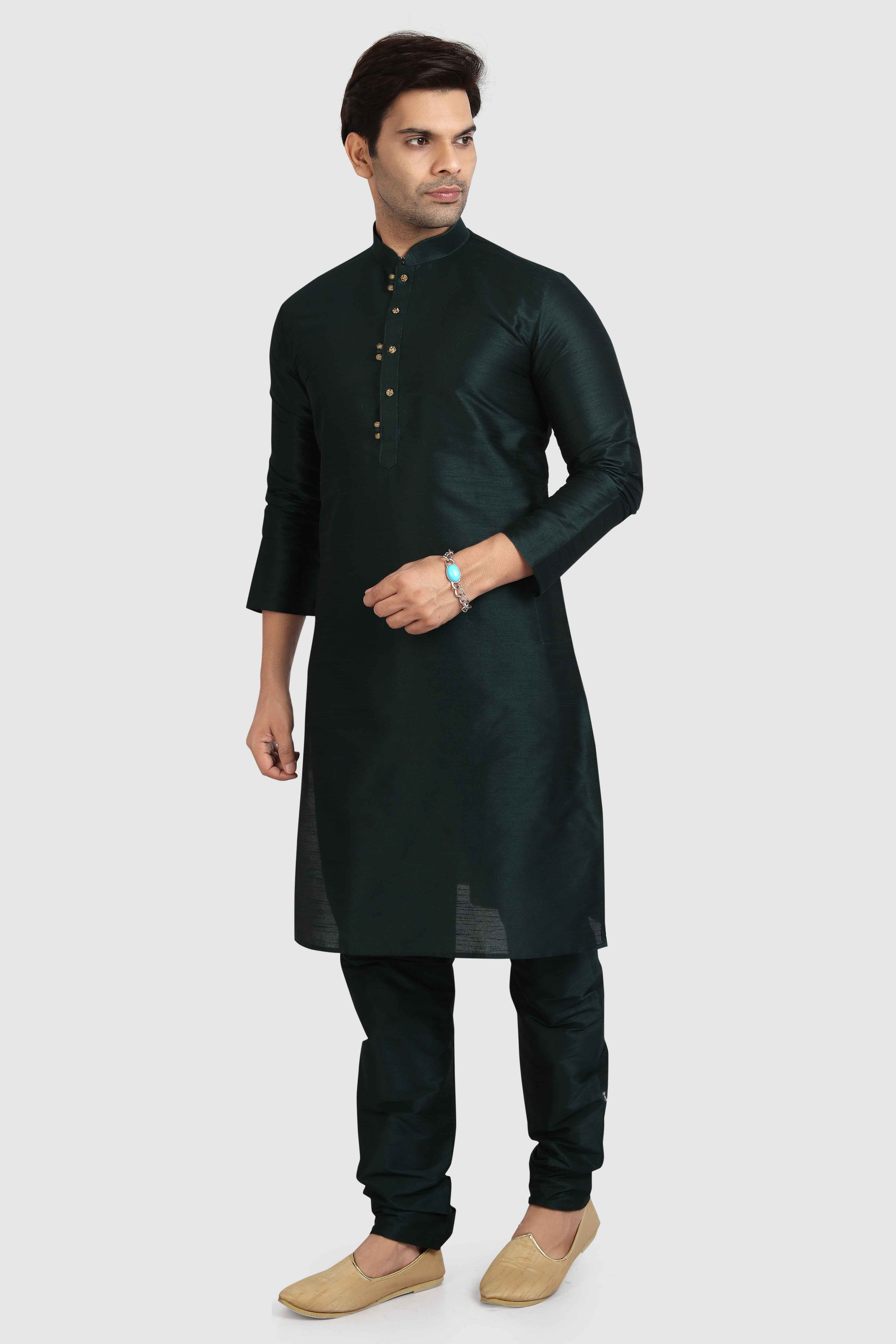 Raivat Ethnic Art Silk Kurta Pajama In Dark Green Colour - Distacart