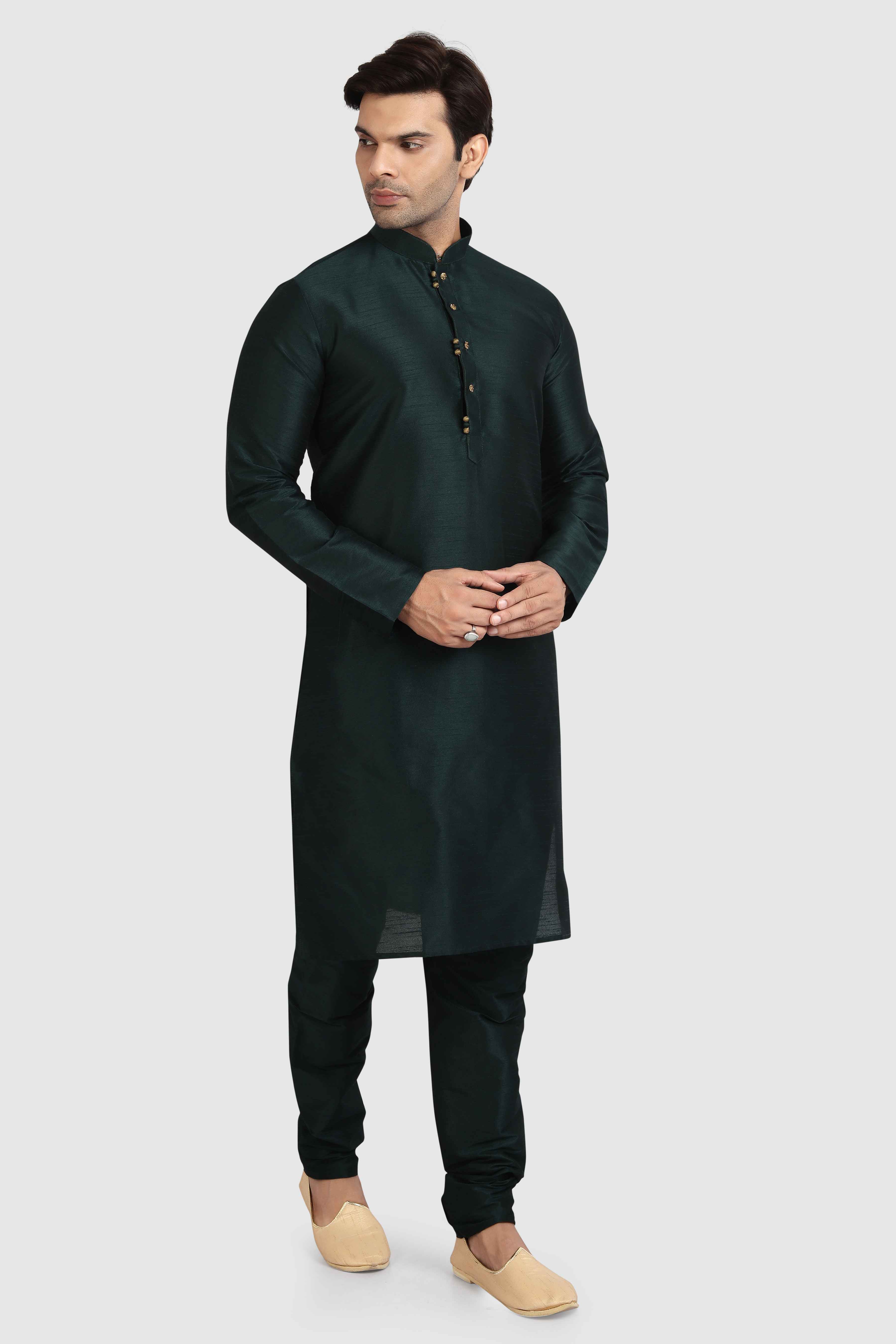 Raivat Ethnic Art Silk Kurta Pajama In Dark Green Colour - Distacart