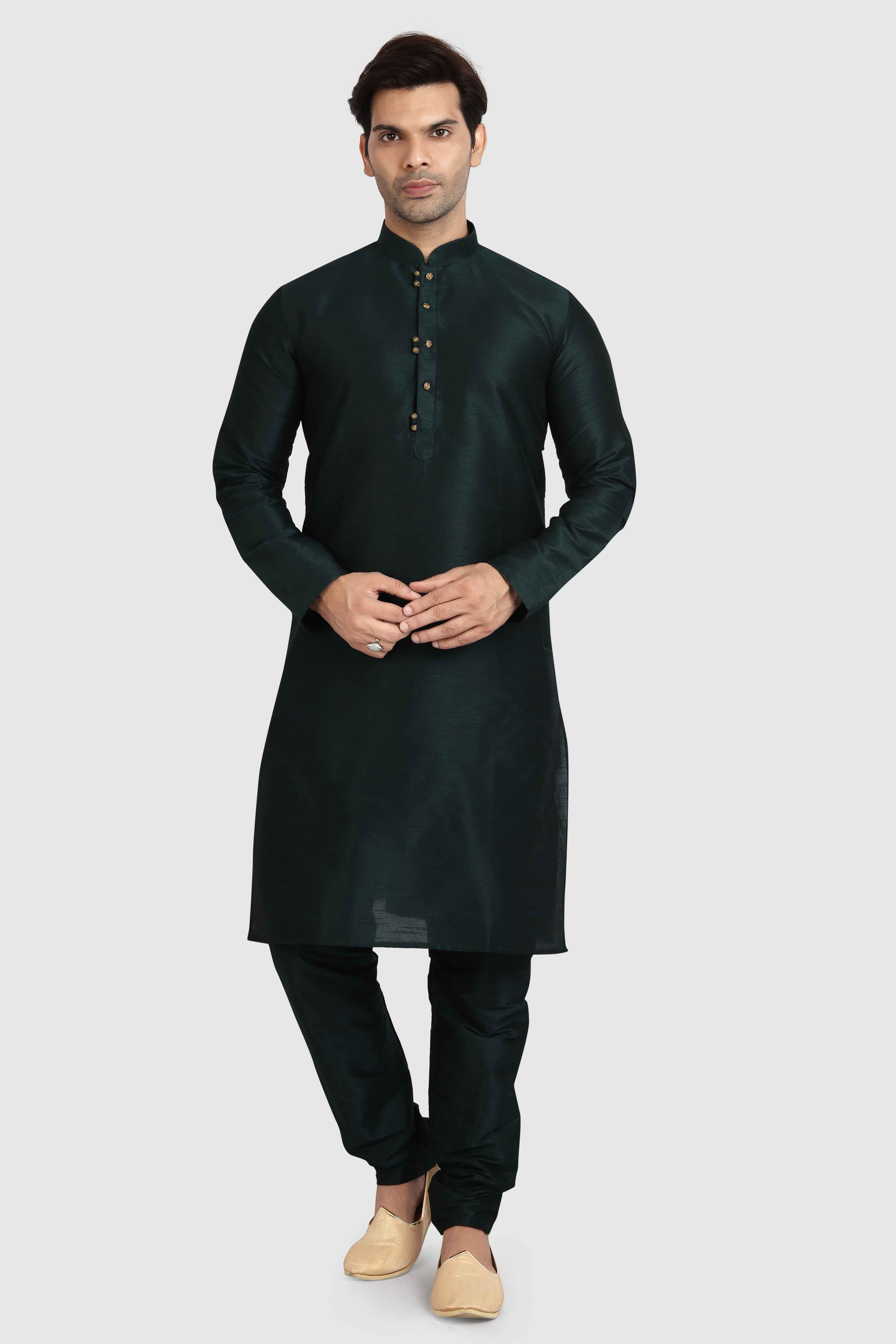 Raivat Ethnic Art Silk Kurta Pajama In Dark Green Colour - Distacart
