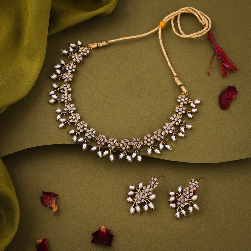 Tehzeeb Creations White Colour Pack of 1 Gold-Polished Choker Necklace Set With Earring For Women & Girls - Distacart