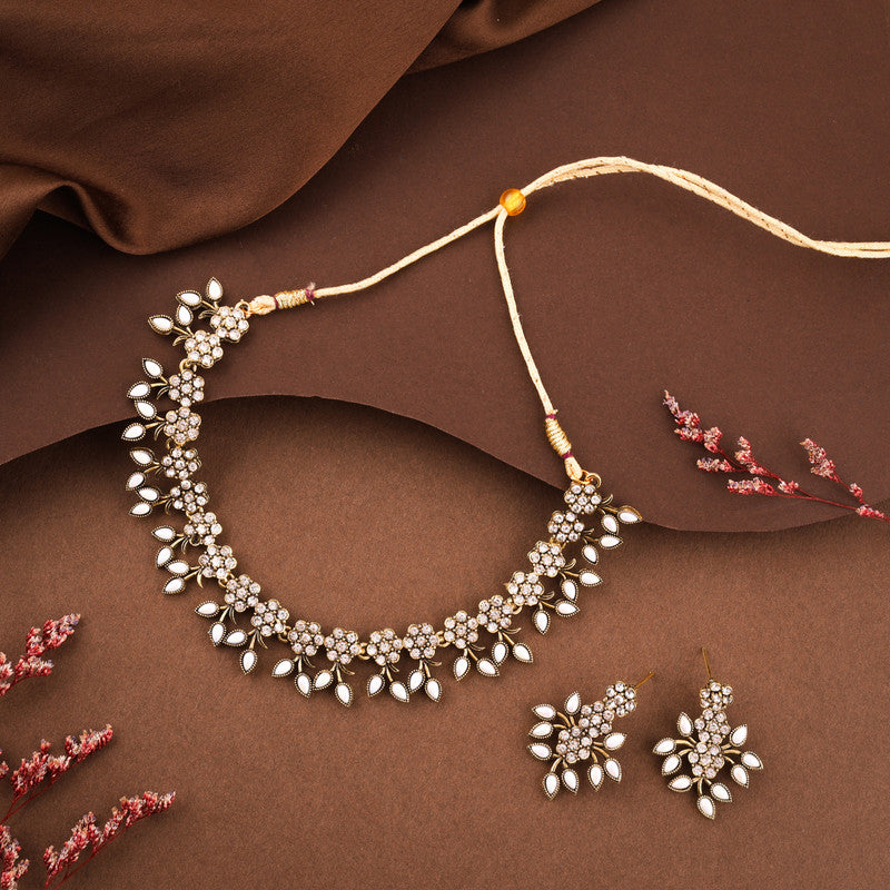 Tehzeeb Creations White Colour Pack of 1 Gold-Polished Choker Necklace Set With Earring For Women & Girls - Distacart