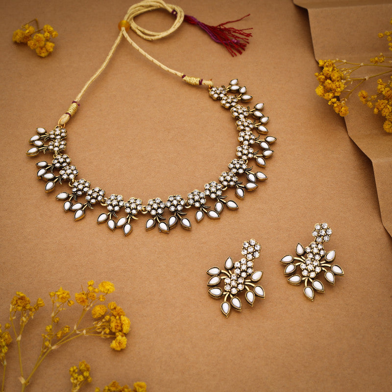 Tehzeeb Creations White Colour Pack of 1 Gold-Polished Choker Necklace Set With Earring For Women & Girls - Distacart