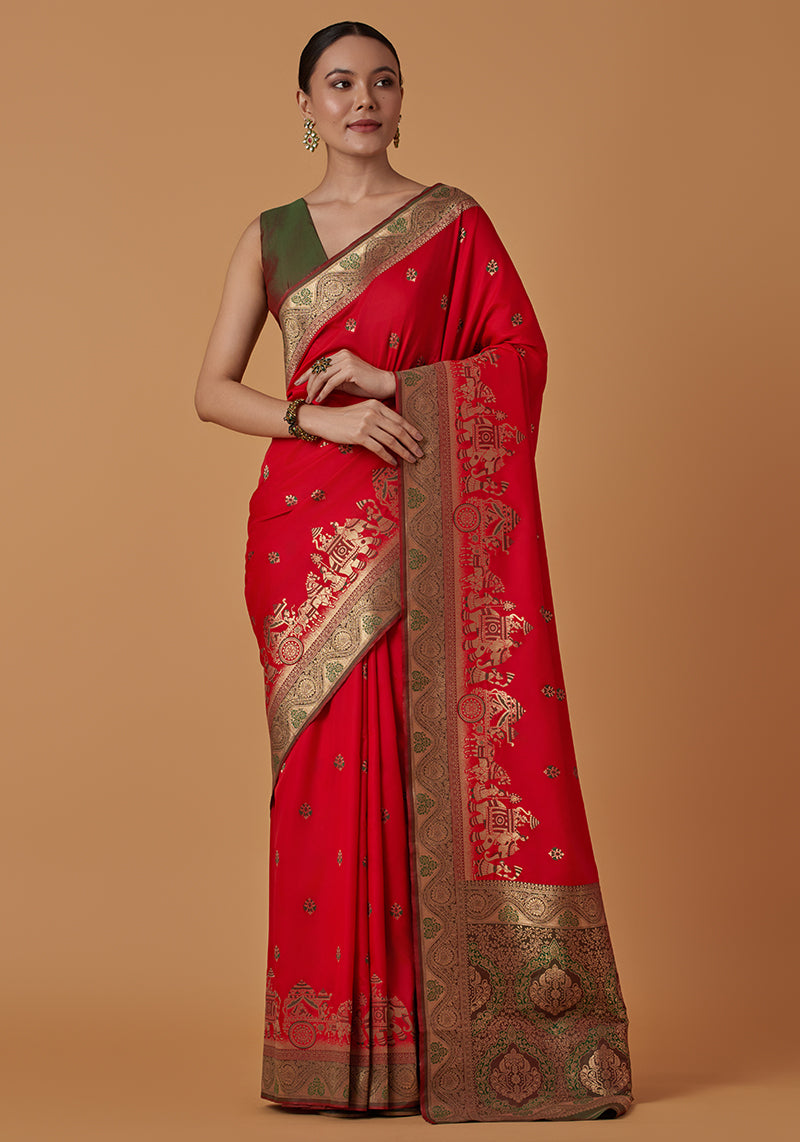 Monjolika Fashion Red Banarasi Silk Blend SareeWith Traditional & Modern Dulha Dulhan Figure Zari Woven Detailing - Distacart