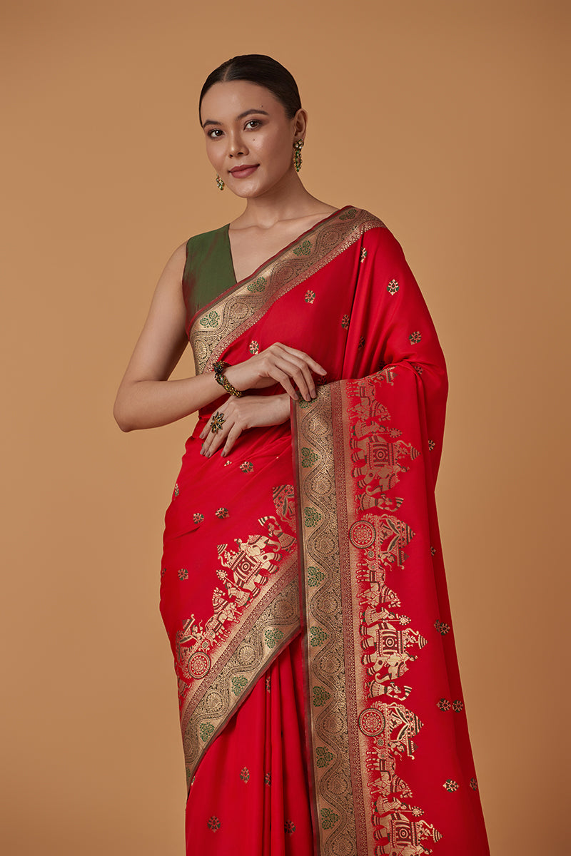 Monjolika Fashion Red Banarasi Silk Blend SareeWith Traditional & Modern Dulha Dulhan Figure Zari Woven Detailing - Distacart