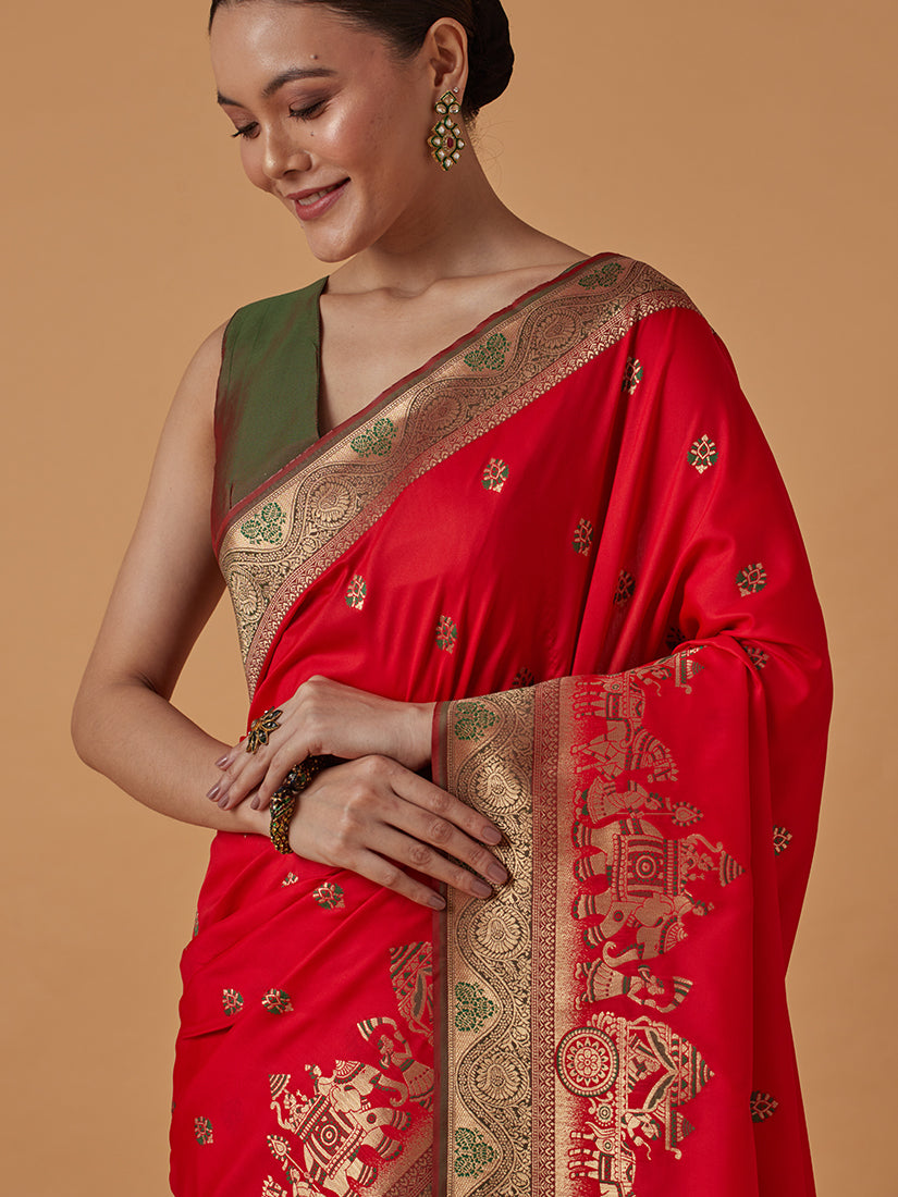 Monjolika Fashion Red Banarasi Silk Blend SareeWith Traditional & Modern Dulha Dulhan Figure Zari Woven Detailing - Distacart