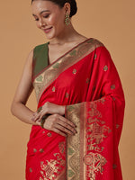 Thumbnail for Monjolika Fashion Red Banarasi Silk Blend SareeWith Traditional & Modern Dulha Dulhan Figure Zari Woven Detailing - Distacart