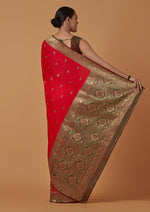Thumbnail for Monjolika Fashion Red Banarasi Silk Blend SareeWith Traditional & Modern Dulha Dulhan Figure Zari Woven Detailing - Distacart