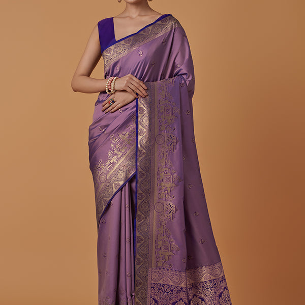 Monjolika Fashion Lavender Banarasi Silk Blend SareeWith Traditional & Modern Dulha Dulhan Figure Zari Woven Detailing - Distacart