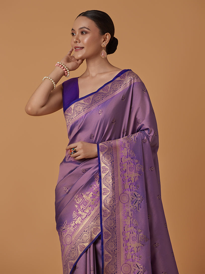 Monjolika Fashion Lavender Banarasi Silk Blend SareeWith Traditional & Modern Dulha Dulhan Figure Zari Woven Detailing - Distacart