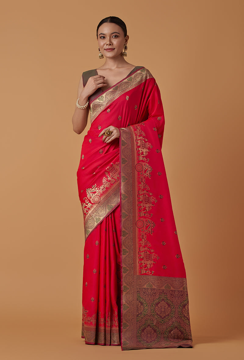 Monjolika Fashion Pink Banarasi Silk Blend SareeWith Traditional & Modern Dulha Dulhan Figure Zari Woven Detailing - Distacart