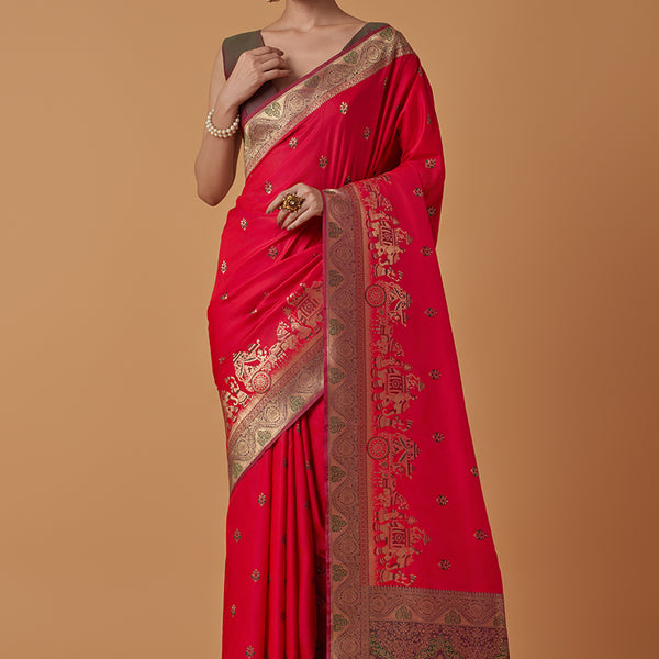 Monjolika Fashion Pink Banarasi Silk Blend SareeWith Traditional & Modern Dulha Dulhan Figure Zari Woven Detailing - Distacart