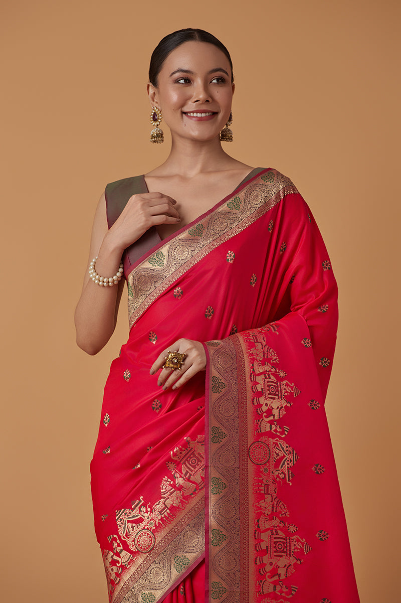 Monjolika Fashion Pink Banarasi Silk Blend SareeWith Traditional & Modern Dulha Dulhan Figure Zari Woven Detailing - Distacart