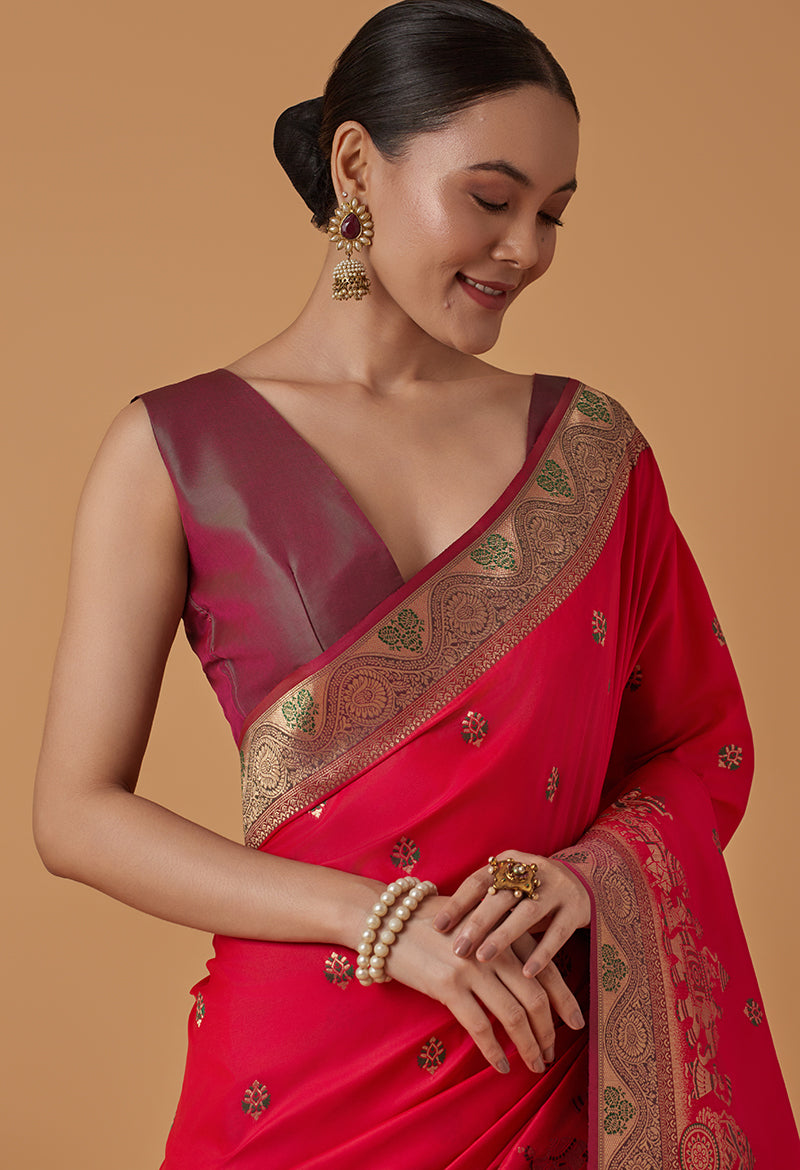 Monjolika Fashion Pink Banarasi Silk Blend SareeWith Traditional & Modern Dulha Dulhan Figure Zari Woven Detailing - Distacart