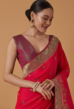 Thumbnail for Monjolika Fashion Pink Banarasi Silk Blend SareeWith Traditional & Modern Dulha Dulhan Figure Zari Woven Detailing - Distacart