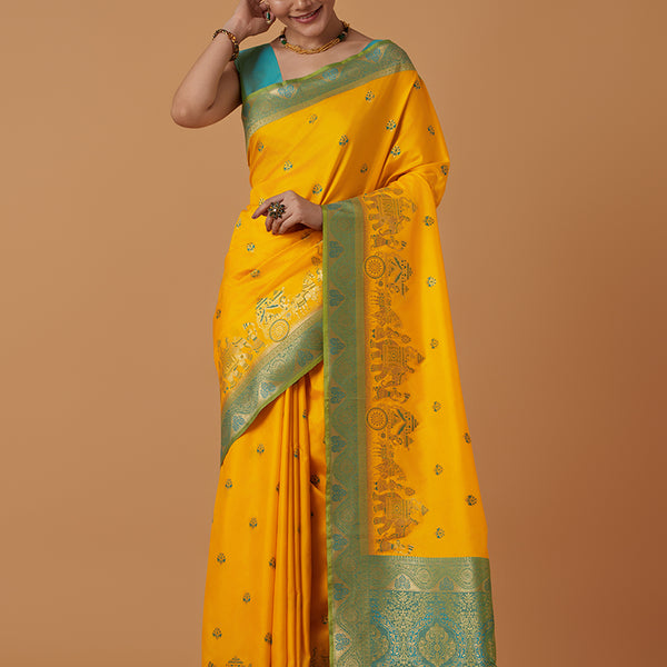 Monjolika Fashion Yellow Banarasi Silk Blend SareeWith Traditional & Modern Dulha Dulhan Figure Zari Woven Detailing - Distacart