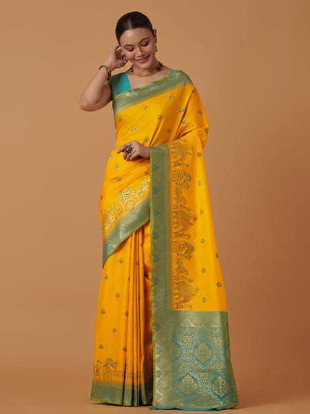 Monjolika Fashion Yellow Banarasi Silk Blend SareeWith Traditional & Modern Dulha Dulhan Figure Zari Woven Detailing - Distacart